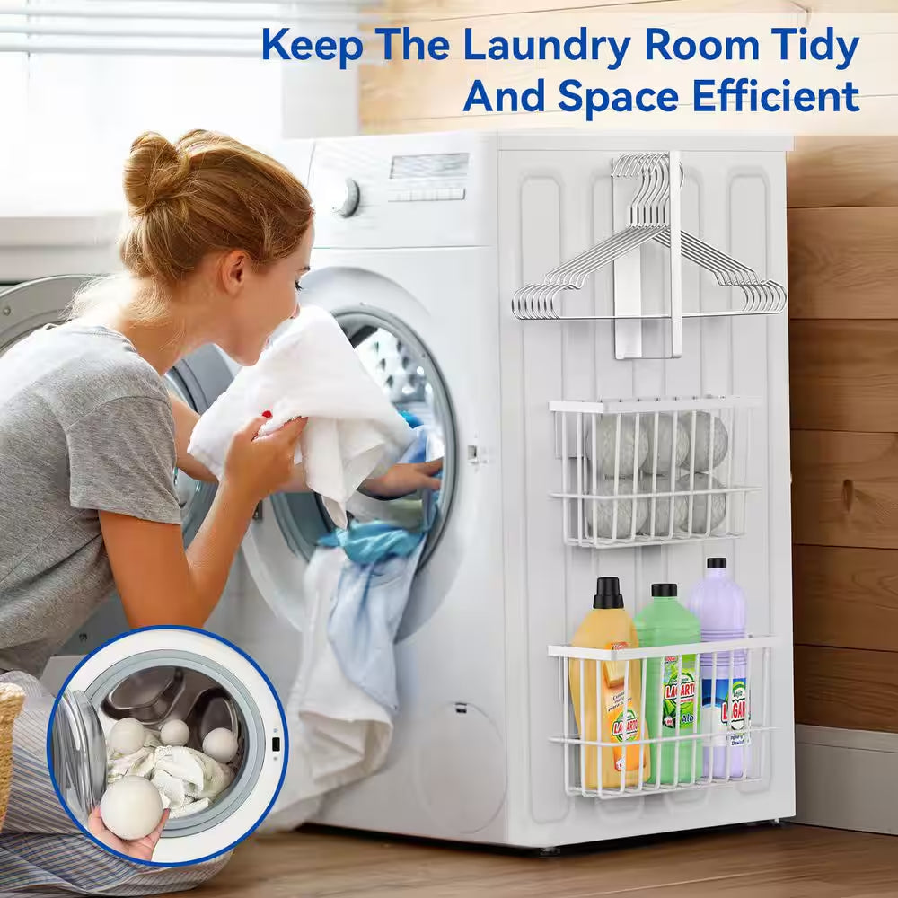 Magnetic White Dryer Ball Holder and Hanger, 6" x 11" x 3.5" Laundry Room Storage Basket