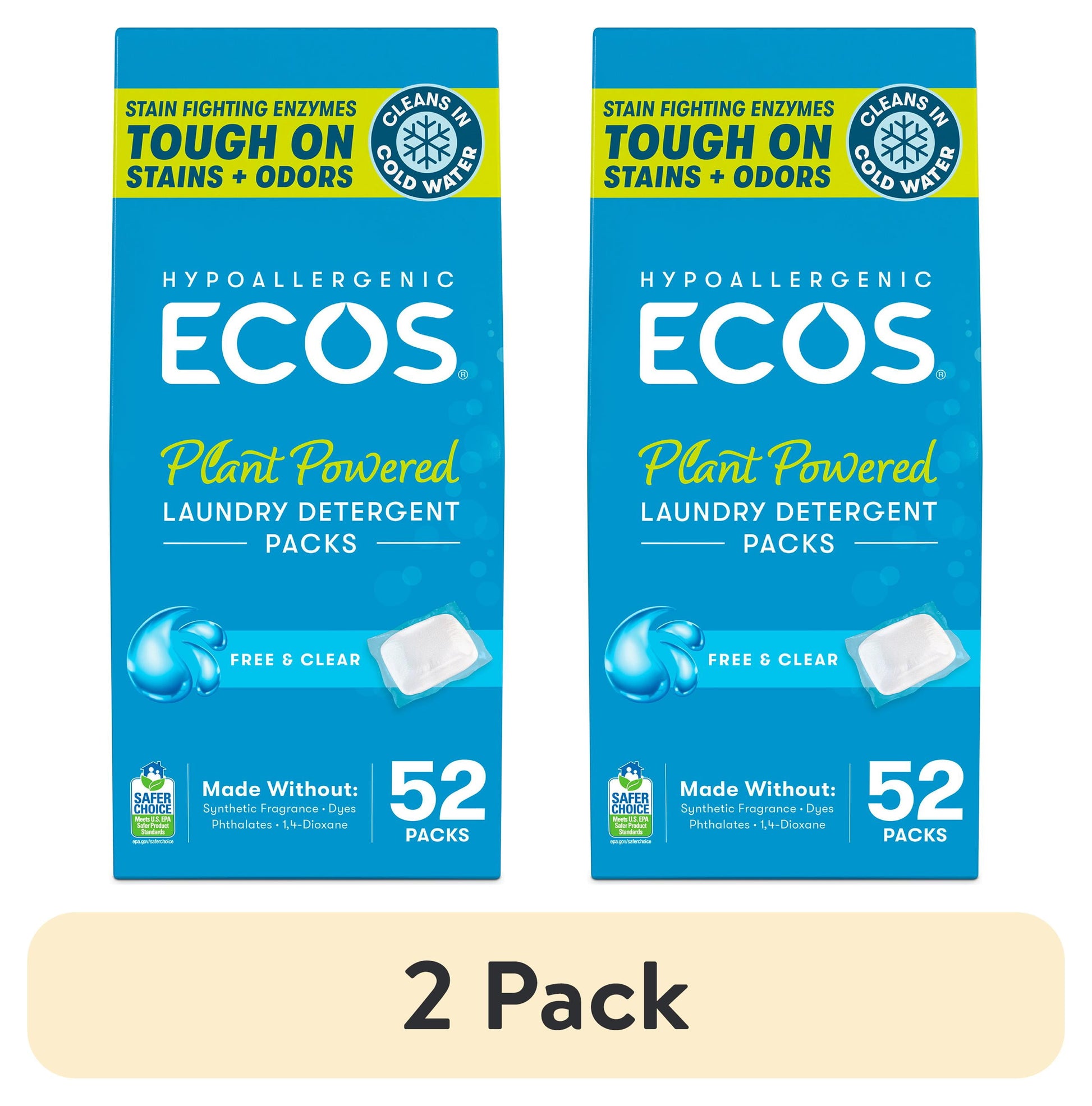 (2 Pack)  Hypoallergenic Laundry Detergent Packs for Sensitive Skin, Free & Clear, 52 Loads, Laundry Pods