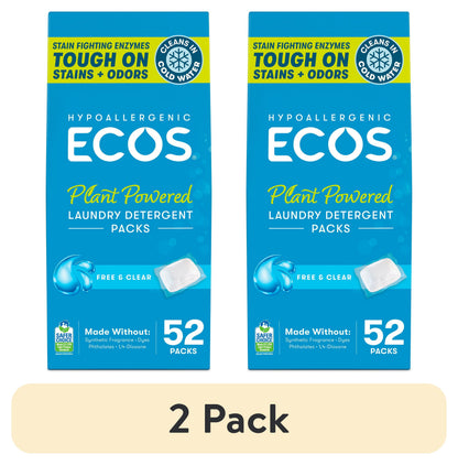 (2 Pack)  Hypoallergenic Laundry Detergent Packs for Sensitive Skin, Free & Clear, 52 Loads, Laundry Pods
