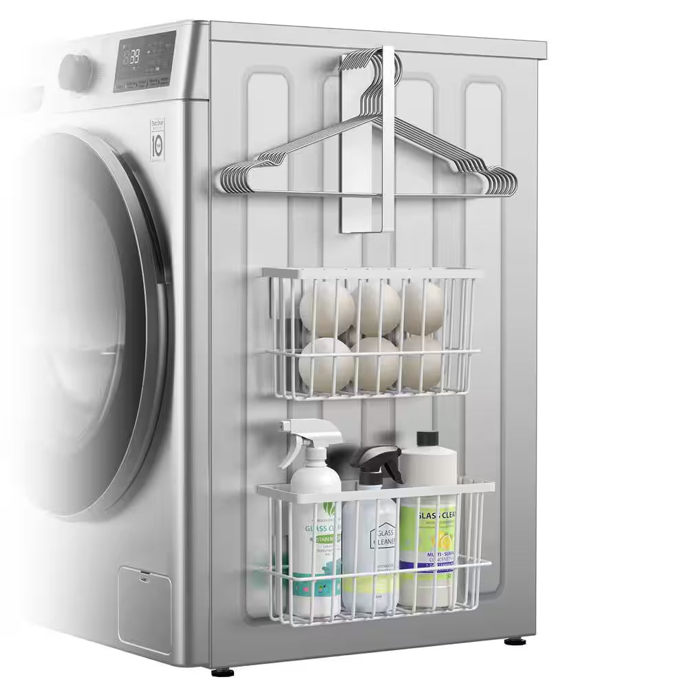 Magnetic White Dryer Ball Holder and Hanger, 6" x 11" x 3.5" Laundry Room Storage Basket