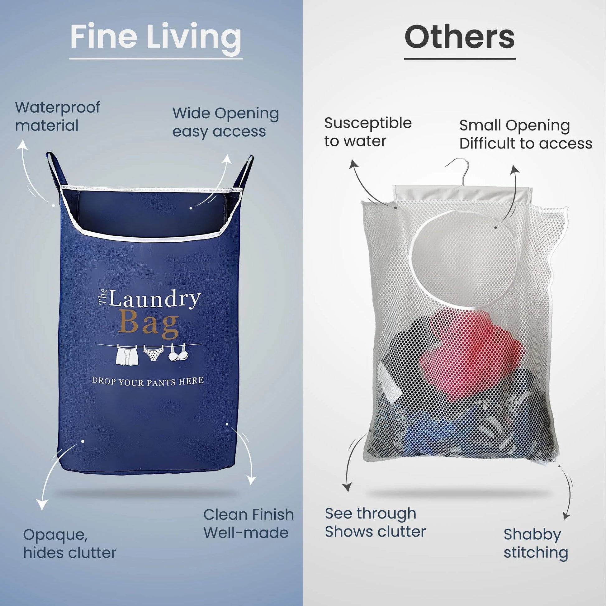 Fine Living Co. XL Navy Blue Hanging Laundry Hamper with Over-Door Hooks and Adhesive Durable Space-Saving Design, Featuring Zipper and Wide Open Top for Dorm Use