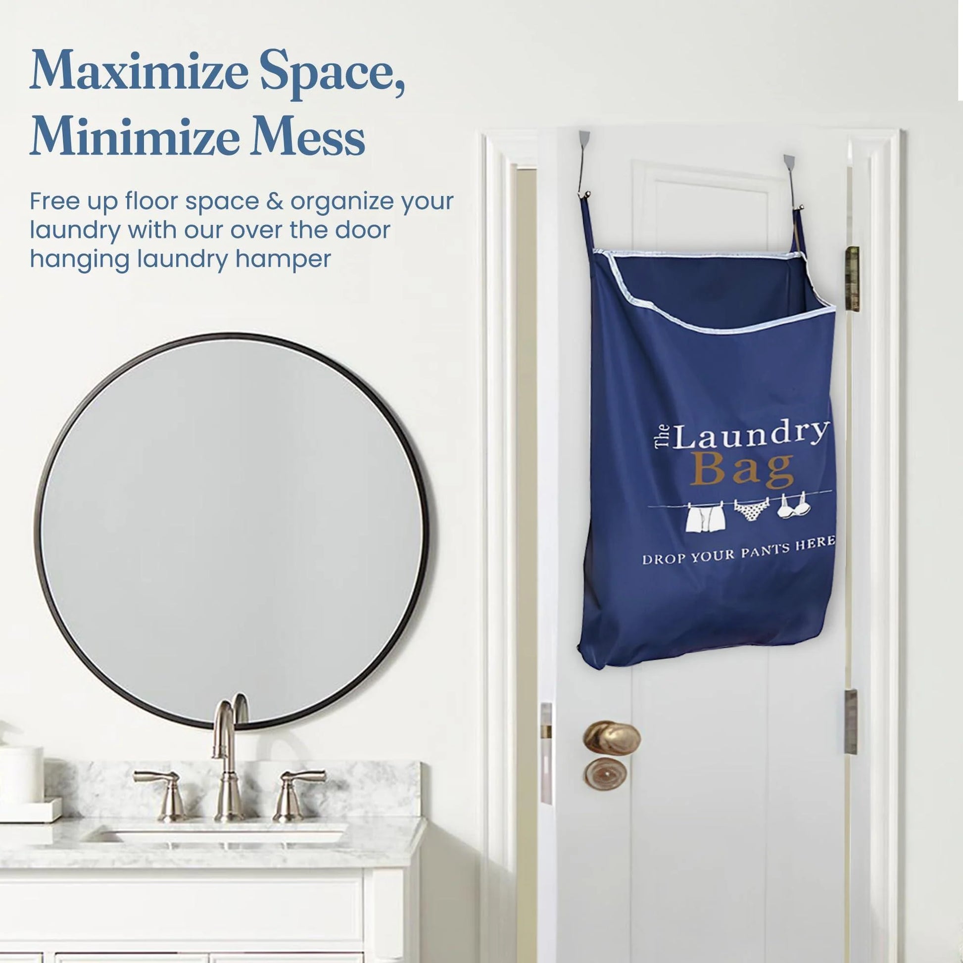 Fine Living Co. XL Navy Blue Hanging Laundry Hamper with Over-Door Hooks and Adhesive Durable Space-Saving Design, Featuring Zipper and Wide Open Top for Dorm Use