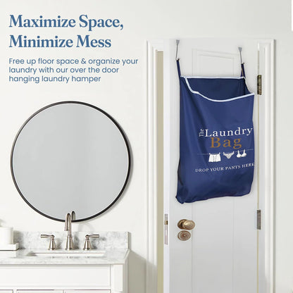 Fine Living Co. XL Navy Blue Hanging Laundry Hamper with Over-Door Hooks and Adhesive Durable Space-Saving Design, Featuring Zipper and Wide Open Top for Dorm Use