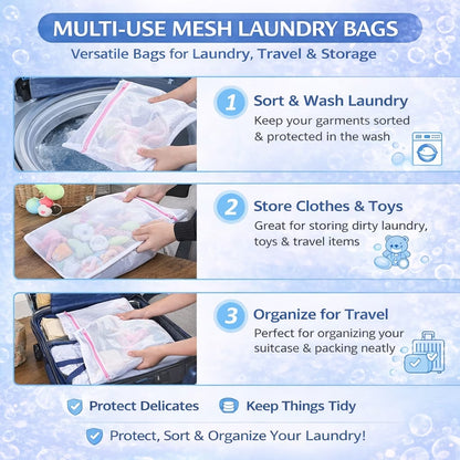 Delicate Care Mesh Laundry Wash Bags Set - 7 Multi-Size Bags with Smooth Zipper and Cover for Bras, Lingerie, Underwear, Baby Clothes, and Socks