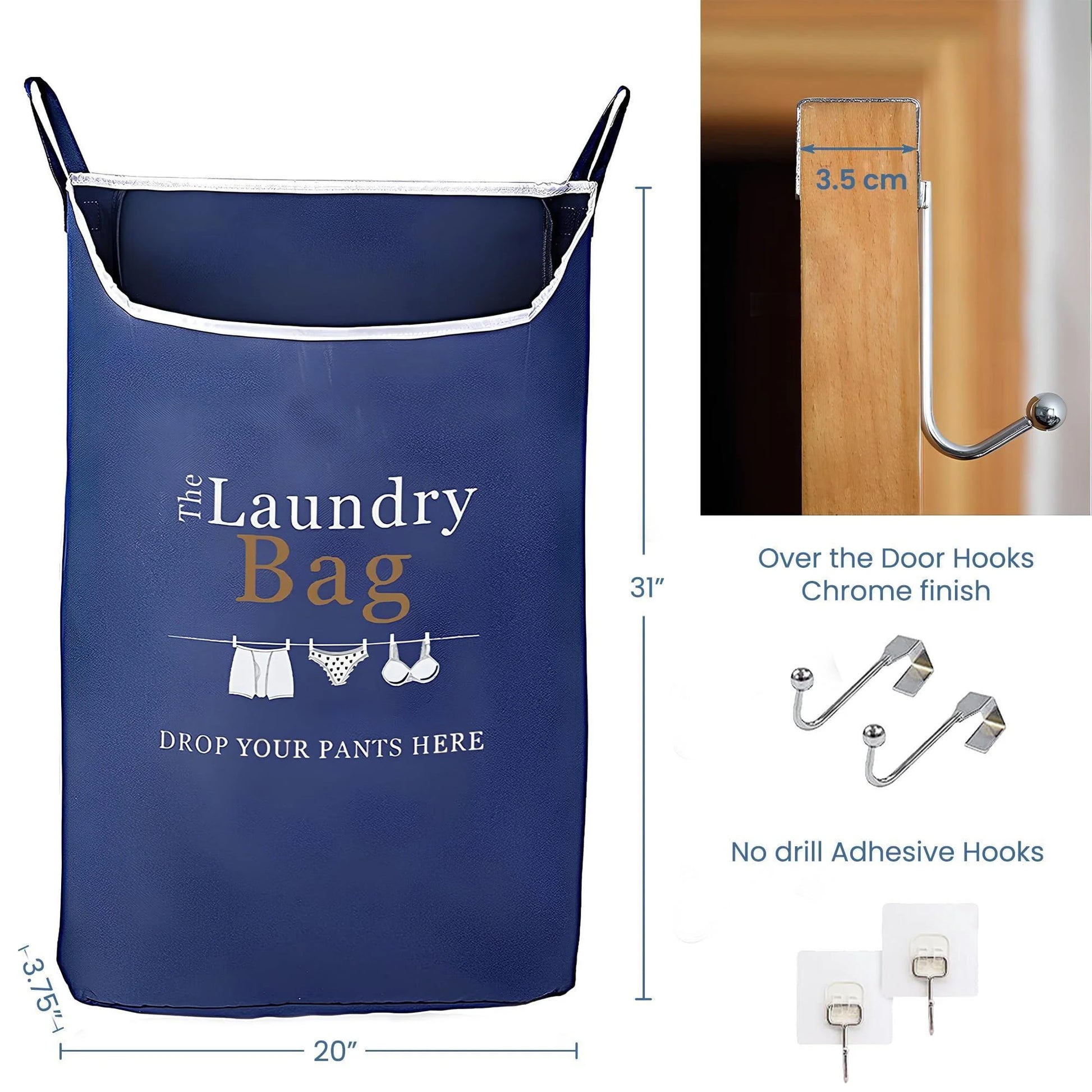Fine Living Co. XL Navy Blue Hanging Laundry Hamper with Over-Door Hooks and Adhesive Durable Space-Saving Design, Featuring Zipper and Wide Open Top for Dorm Use