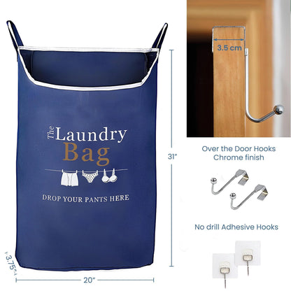 Fine Living Co. XL Navy Blue Hanging Laundry Hamper with Over-Door Hooks and Adhesive Durable Space-Saving Design, Featuring Zipper and Wide Open Top for Dorm Use