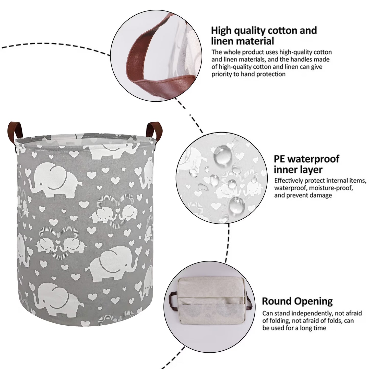 Laundry Hamper, Collapsible Laundry Basket Dorm, Baby Laundry Basket, Large Laundry Hamper Waterproof with Leather Handle for Dirty Clothes, Kids Toys, Bedroom, Bathroom