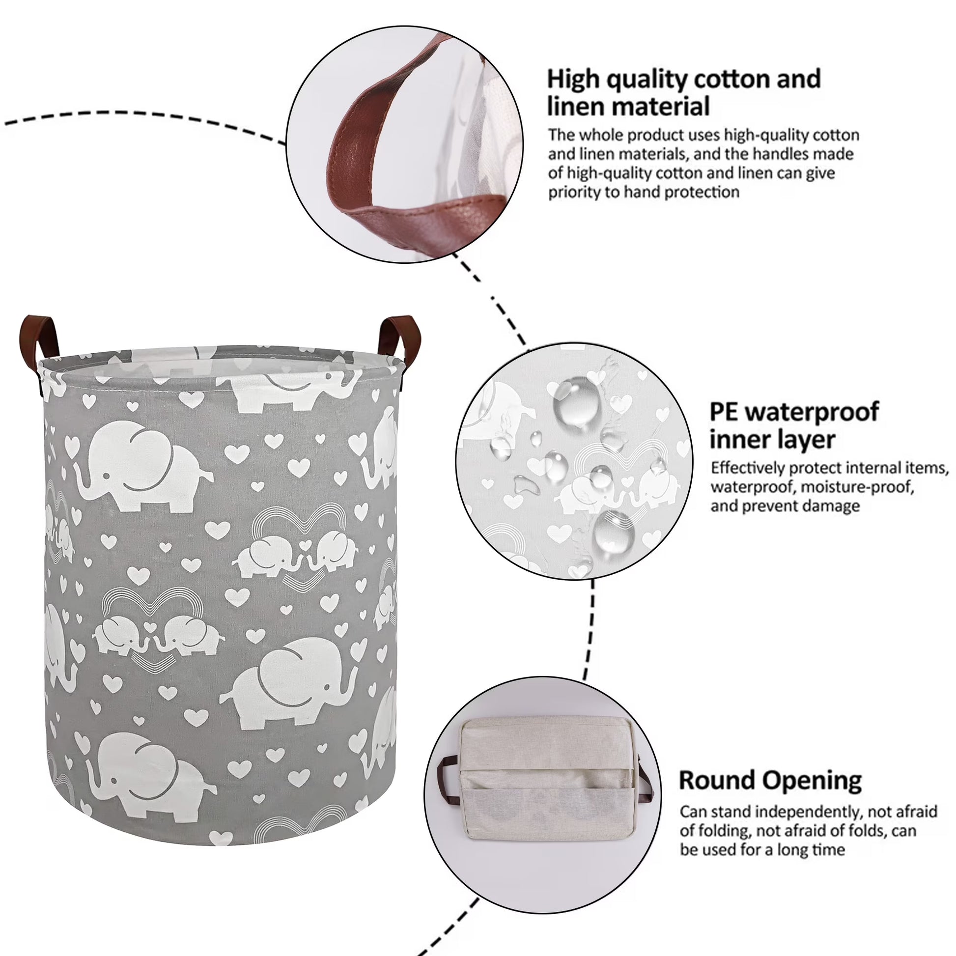 Laundry Hamper, Collapsible Laundry Basket Dorm, Baby Laundry Basket, Large Laundry Hamper Waterproof with Leather Handle for Dirty Clothes, Kids Toys, Bedroom, Bathroom