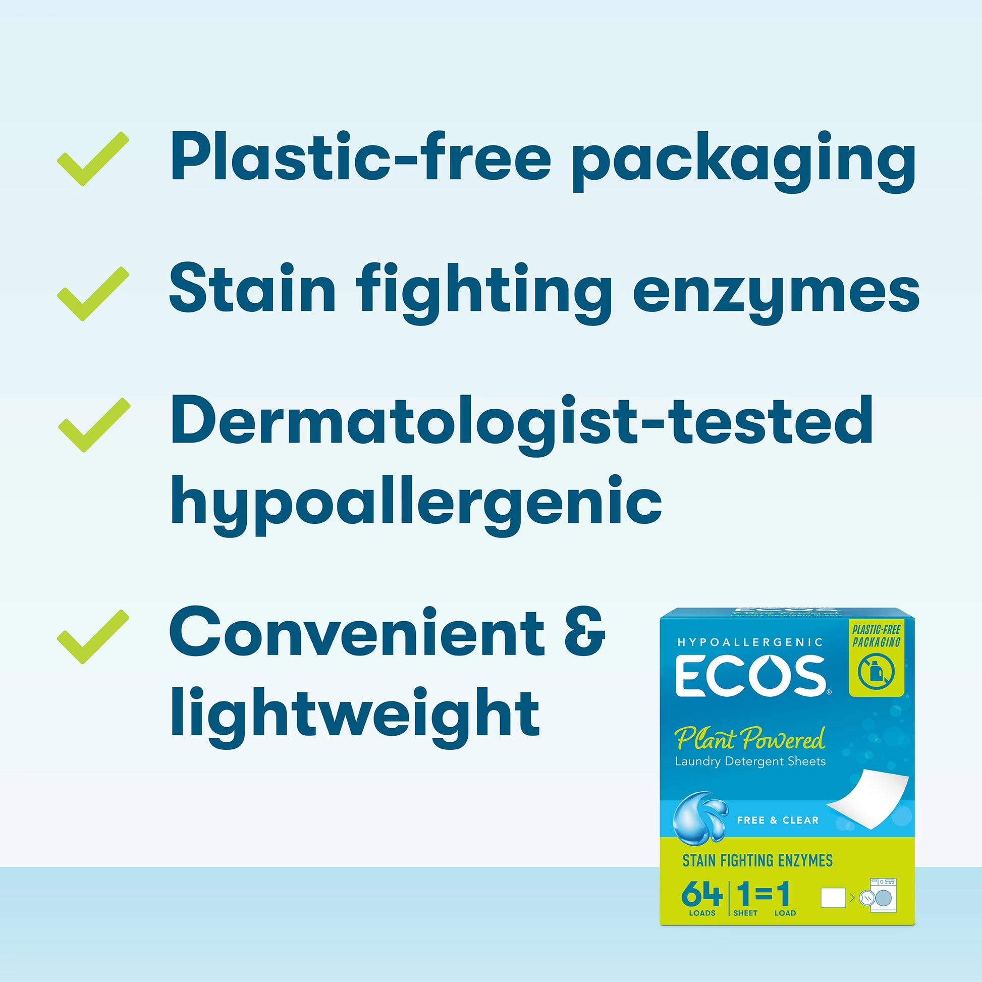 Hypoallergenic Laundry Detergent Sheets for Sensitive Skin, Free & Clear, 64 Ct
