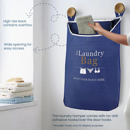 Fine Living Co. XL Navy Blue Hanging Laundry Hamper with Over-Door Hooks and Adhesive Durable Space-Saving Design, Featuring Zipper and Wide Open Top for Dorm Use