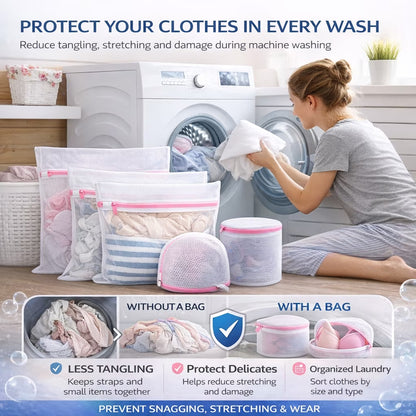 Delicate Care Mesh Laundry Wash Bags Set - 7 Multi-Size Bags with Smooth Zipper and Cover for Bras, Lingerie, Underwear, Baby Clothes, and Socks