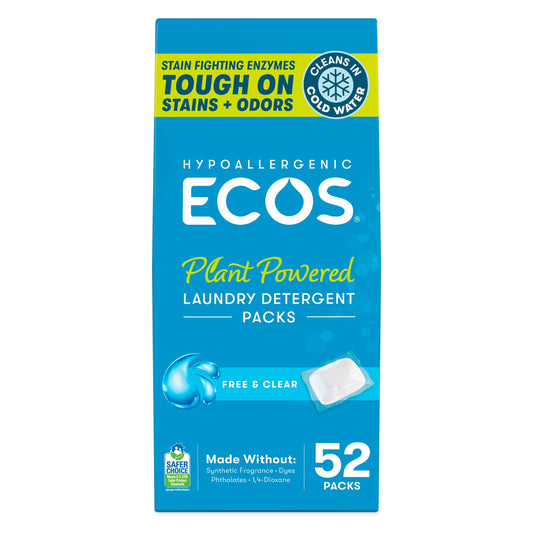 (2 Pack)  Hypoallergenic Laundry Detergent Packs for Sensitive Skin, Free & Clear, 52 Loads, Laundry Pods