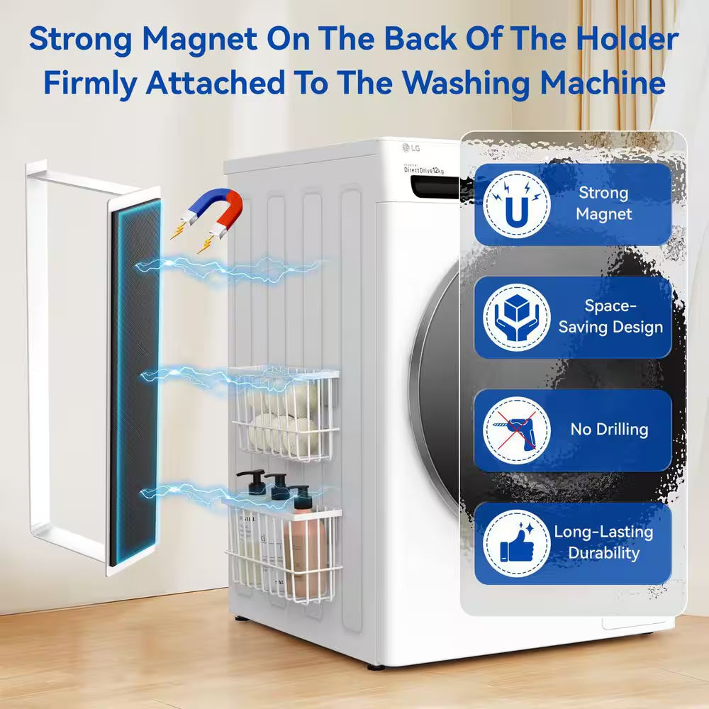 Magnetic White Dryer Ball Holder and Hanger, 6" x 11" x 3.5" Laundry Room Storage Basket
