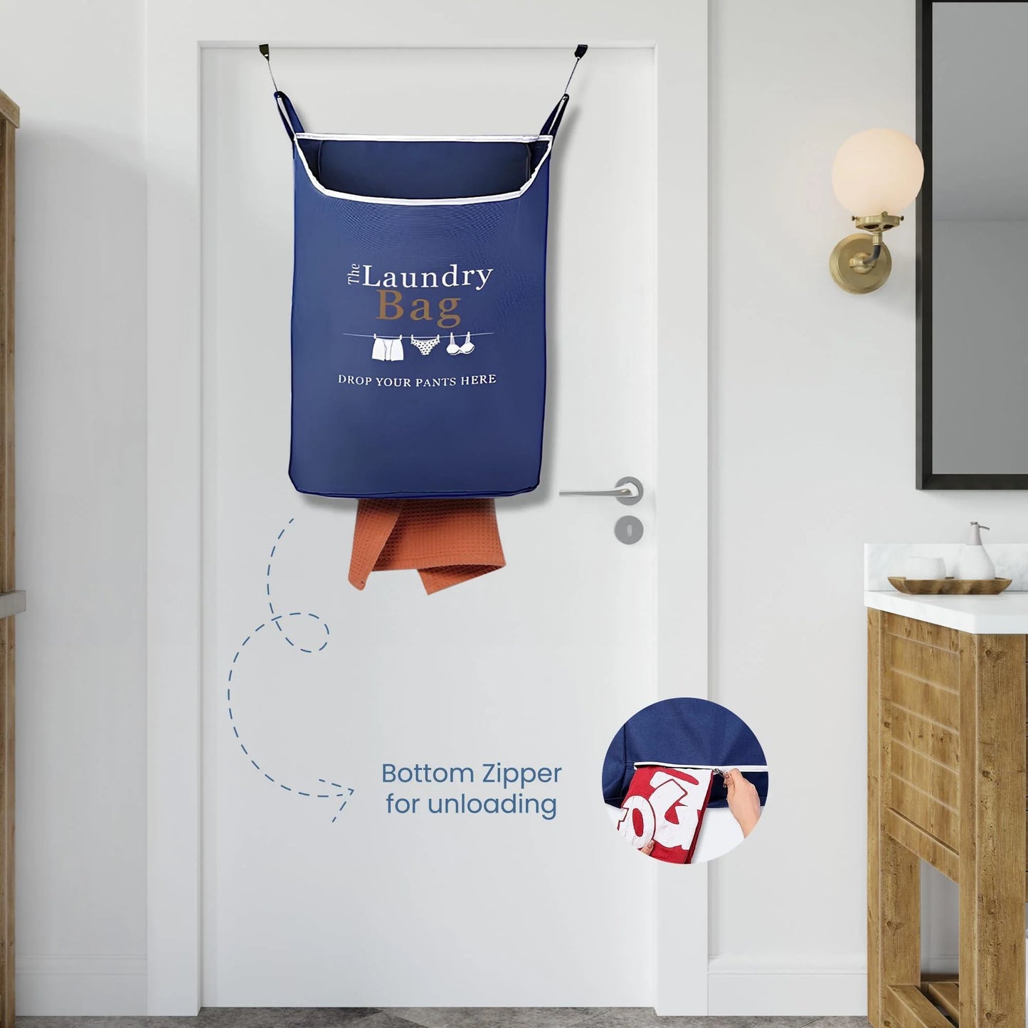 Fine Living Co. XL Navy Blue Hanging Laundry Hamper with Over-Door Hooks and Adhesive Durable Space-Saving Design, Featuring Zipper and Wide Open Top for Dorm Use