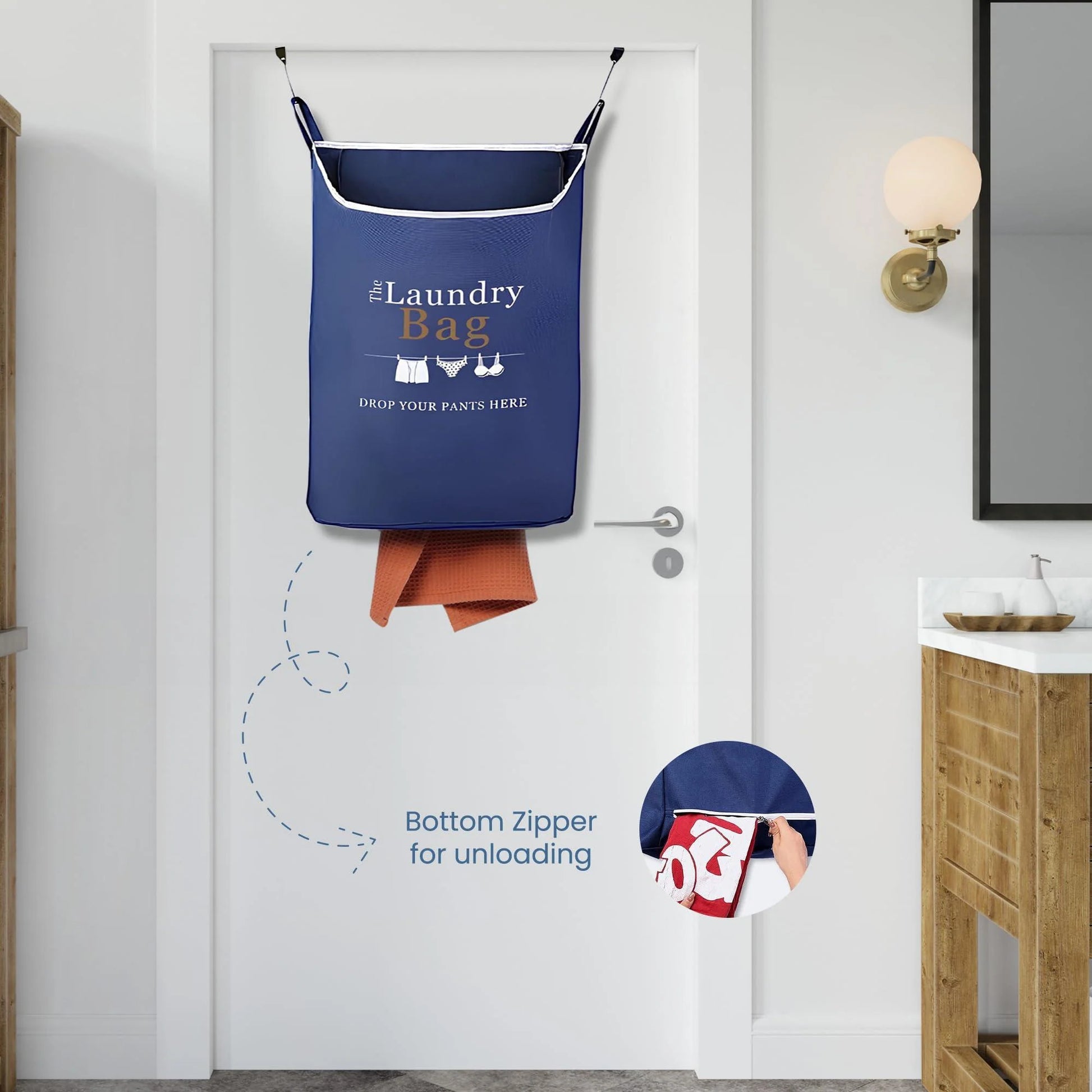 Fine Living Co. XL Navy Blue Hanging Laundry Hamper with Over-Door Hooks and Adhesive Durable Space-Saving Design, Featuring Zipper and Wide Open Top for Dorm Use