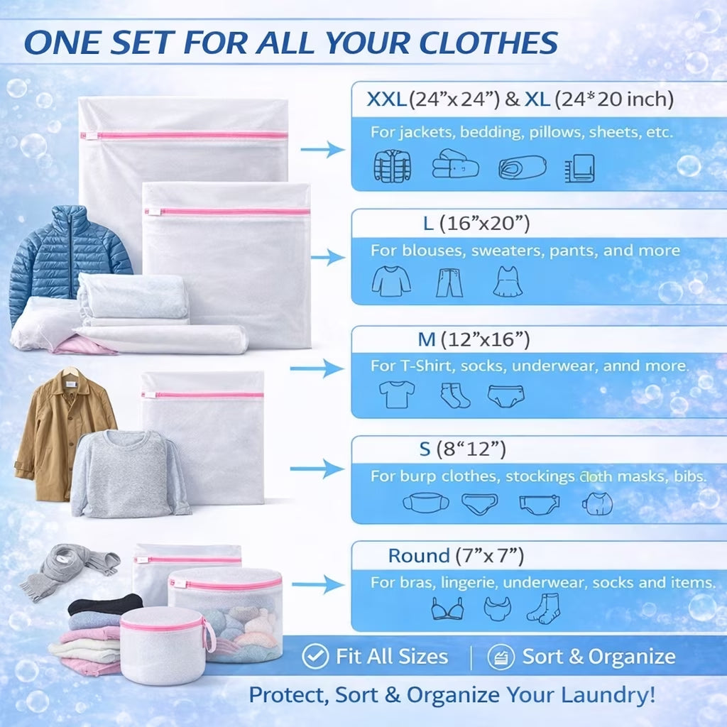 Delicate Care Mesh Laundry Wash Bags Set - 7 Multi-Size Bags with Smooth Zipper and Cover for Bras, Lingerie, Underwear, Baby Clothes, and Socks